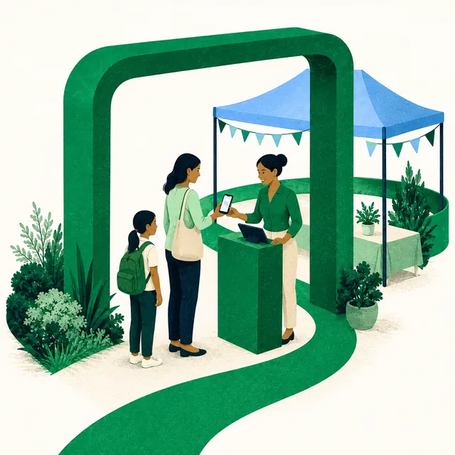 Ilustración de un puesto con toldo azul y personas comprando, rodeado de plantas y un arco verde