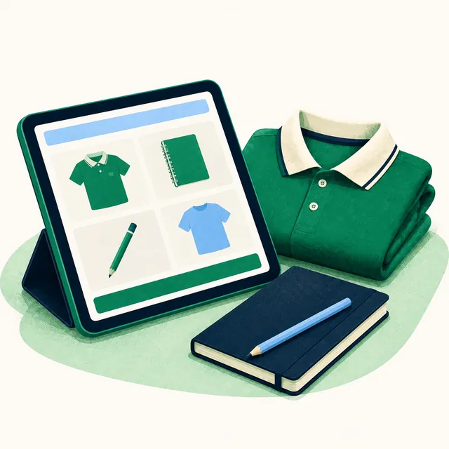 Ilustración de una tableta con prendas del uniforme, una remera y un buzo verdes, junto a una libreta