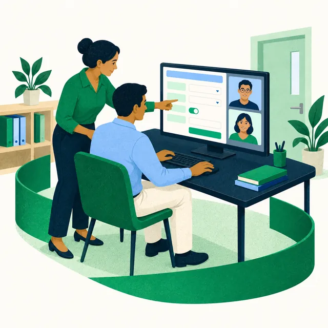 Ilustración de una persona sentada frente a una computadora con una videollamada, y otra de pie a su lado