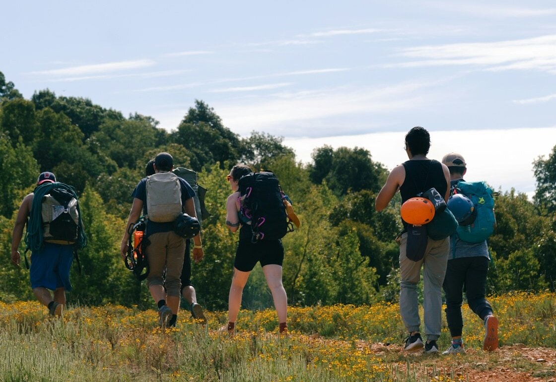 Un grupo con mochilas y cascos caminando de espaldas por un campo de flores amarillas hacia el bosque